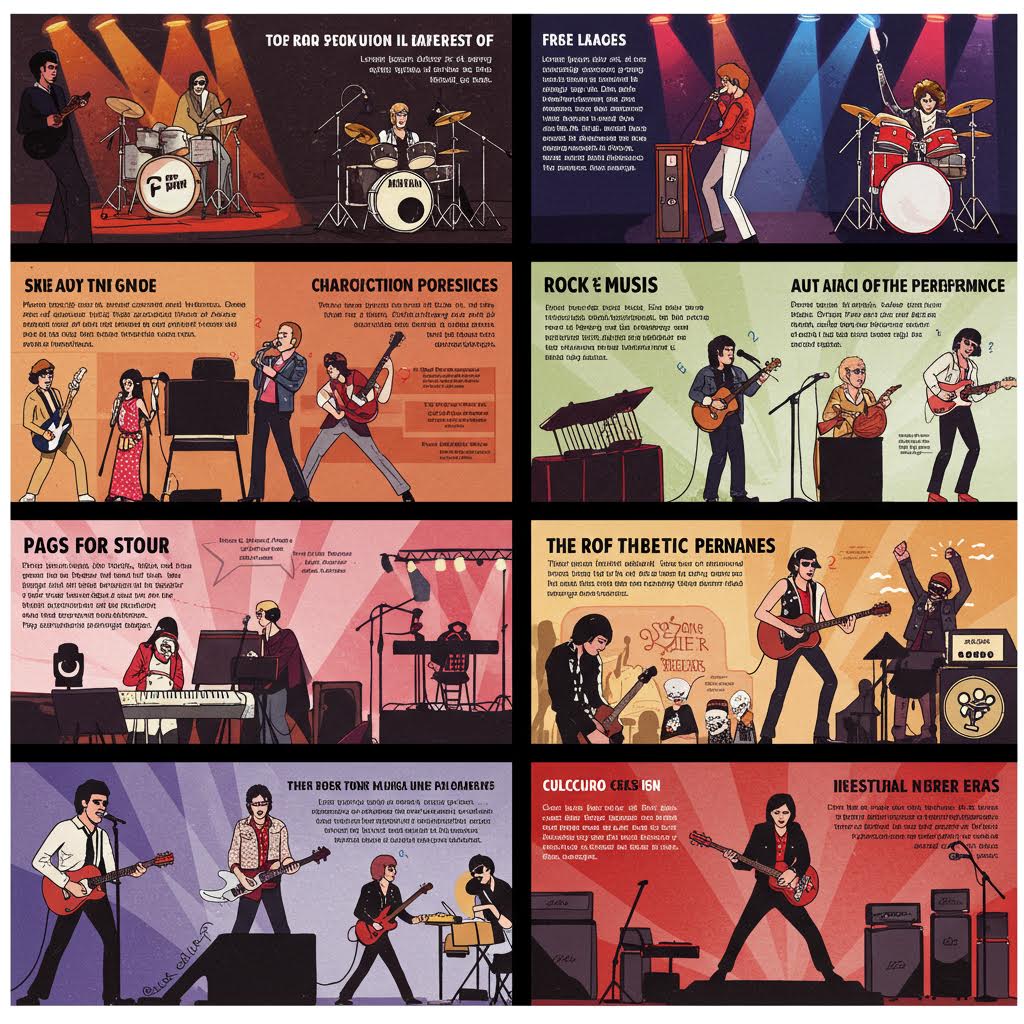 강렬한 조명 아래 Thin Lizzy 밴드가 무대에서 연주하는 장면