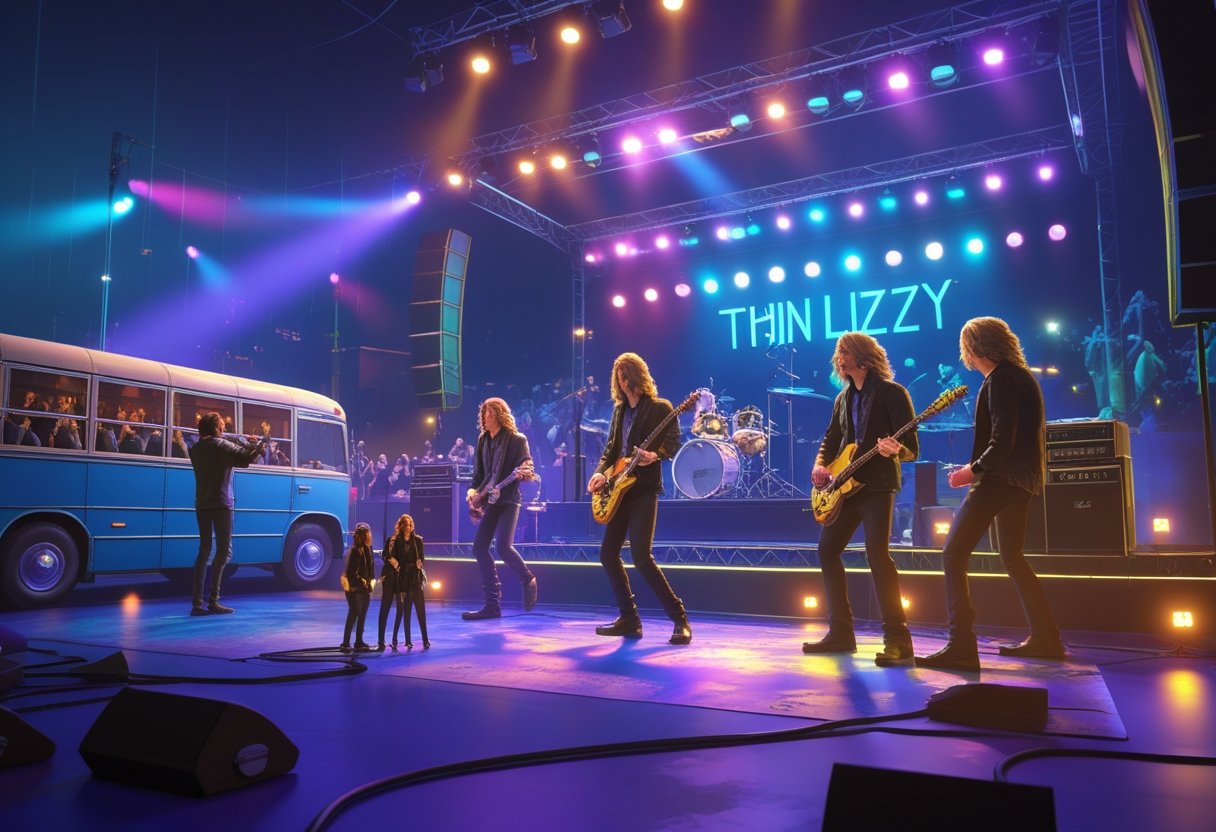 투어 버스 옆에서 라이브 공연 중인 Thin Lizzy 밴드와 그 주위에 모여 있는 시인들의 모습
