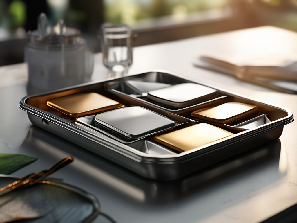 A brushed metal storage tray with blank divider cards, organized in shallow focus under angled morning light.