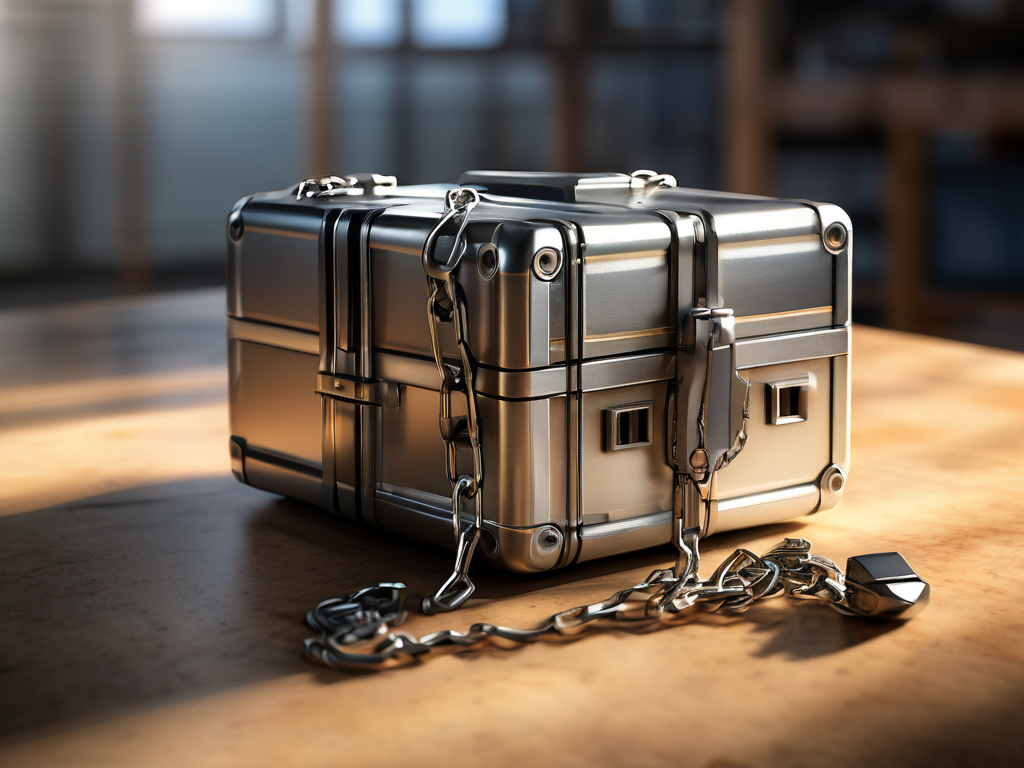 Metal storage case with chain and location blocks on brushed steel surface in morning light.
