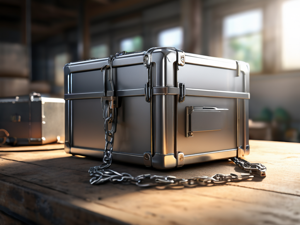 Small sealed metal case with chain and separate location blocks on brushed steel surface, morning light, shallow focus.