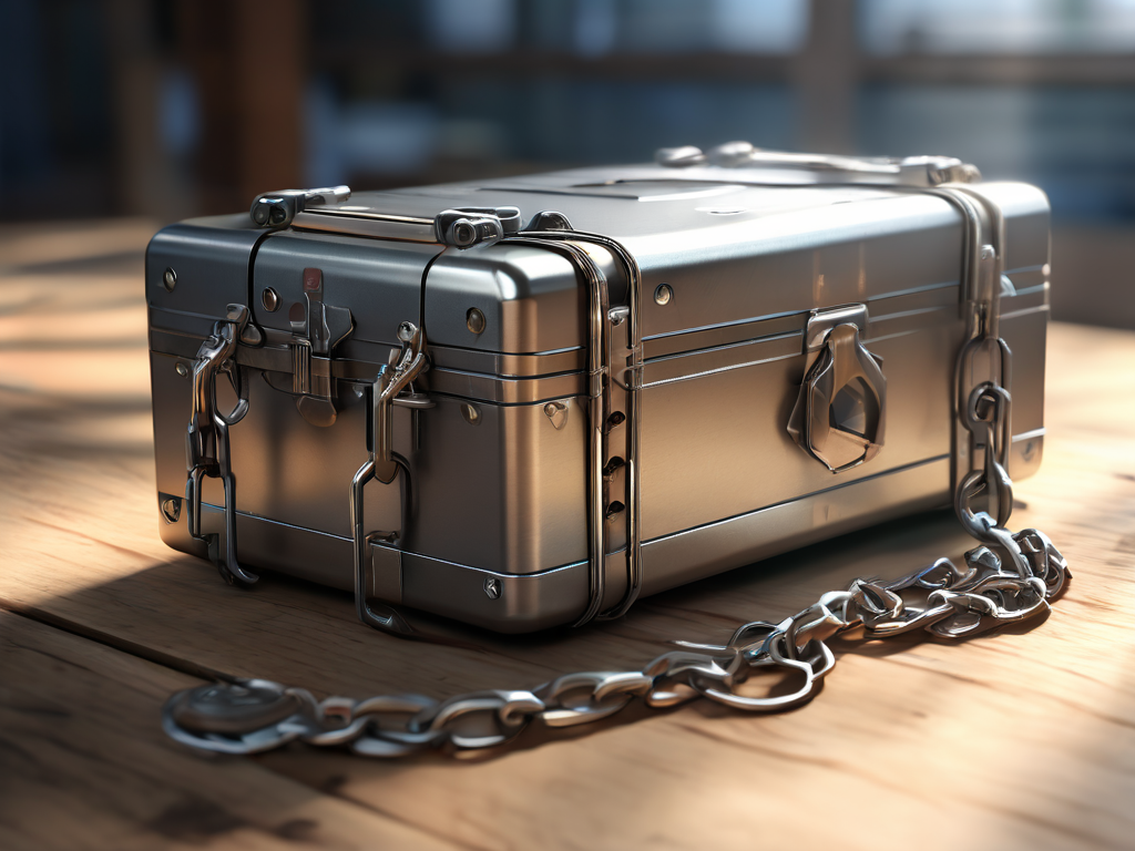 A sealed metal storage case with a short chain and separate small blocks on a brushed metal surface, angled morning light...