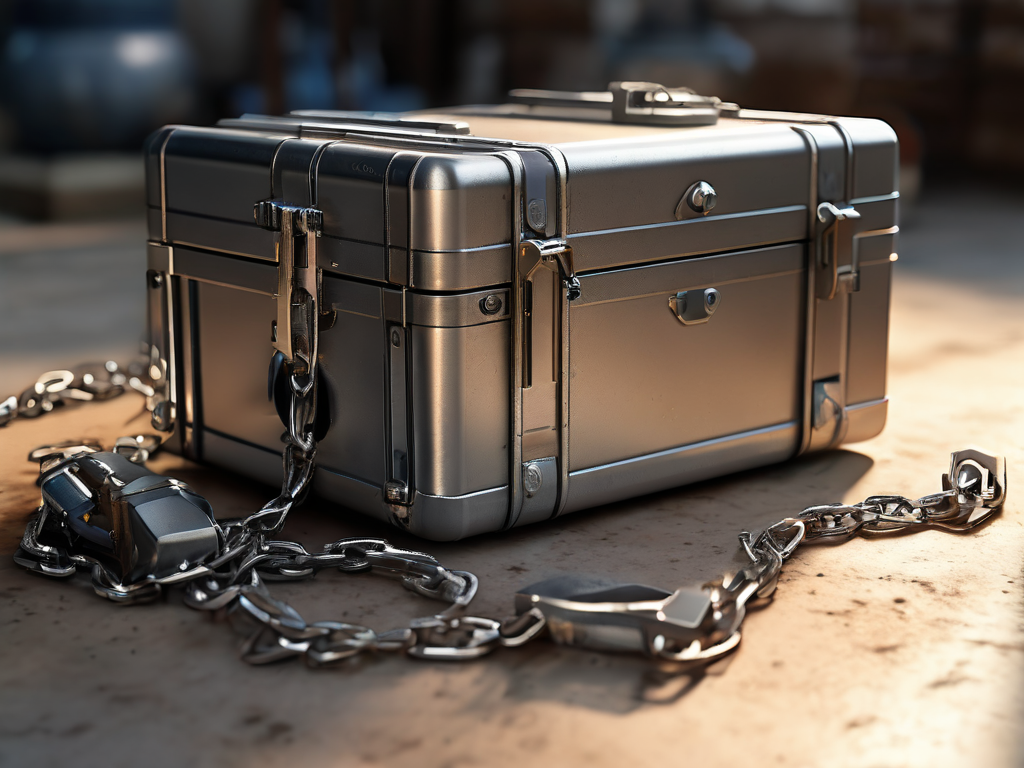 A sealed silver storage case with a short metal chain and small metallic blocks arranged beside it on a brushed metal surface.