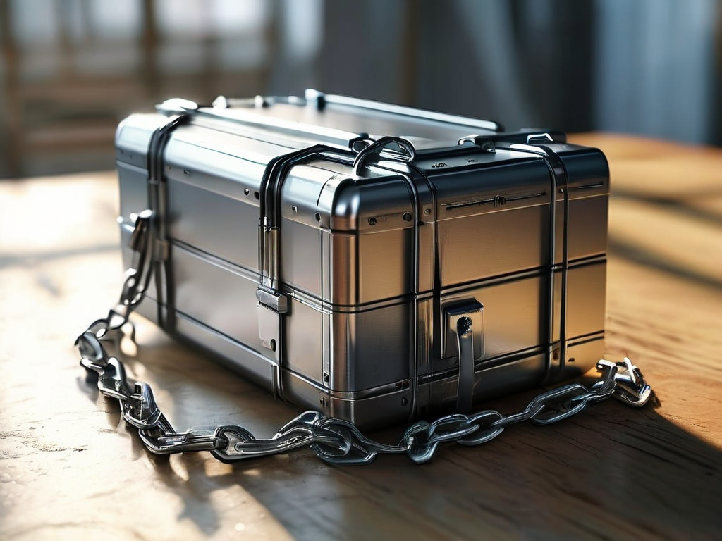 A sealed metal case with a short chain and small blocks representing connected file locations on a brushed metal surface.