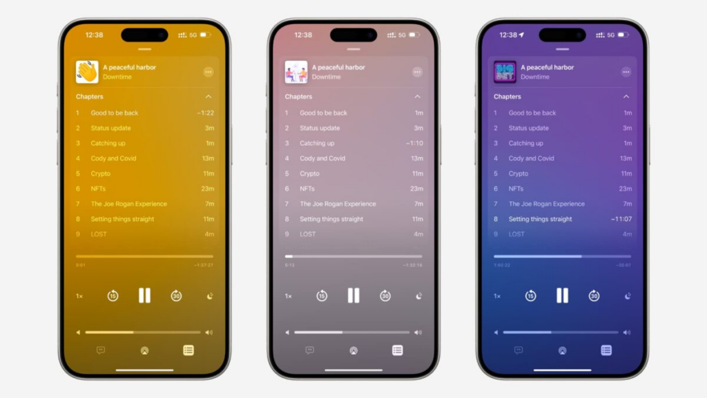 Podcast player showing episode notes, chapter titles, and timestamps for comparing changes between episode versions.